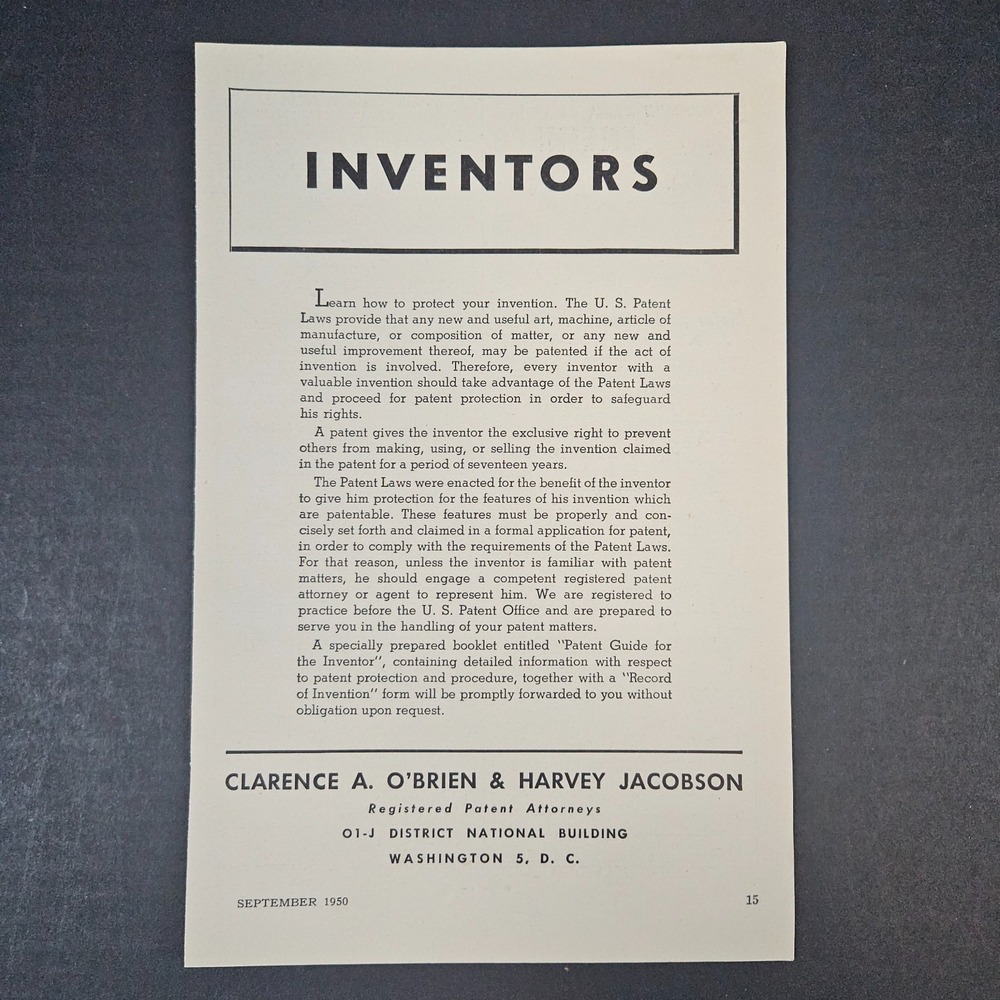 1950 Patent Attorneys Clarence A O'Brien & Harvey Jacobson Vintage Print Ad DC